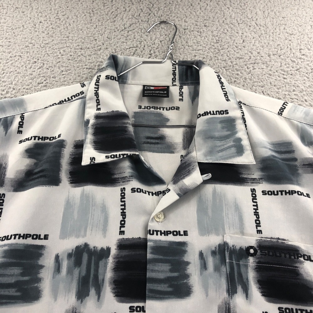Vintage Southpole Shirt Mens 2XL XXL Gray Loop Camp Y2K Collar Short Sleeve AOP